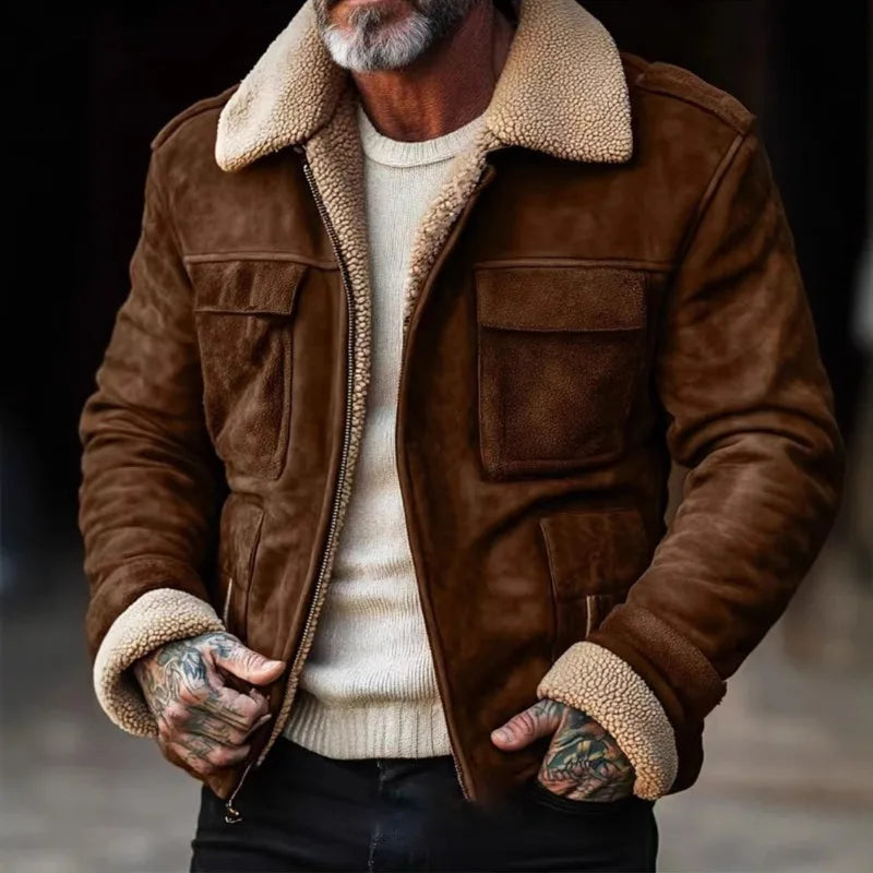 Winter Men's Lapel Zipper Cotton Jacket Coat Retro Solid Color Warm Fake Pocket Zipper Men's Casual Jacket Coat Top Streetwearg
