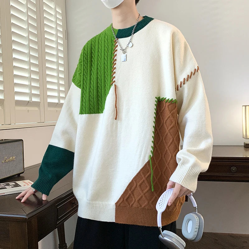 Oversized Men’s Knit Sweater – Color Block Design