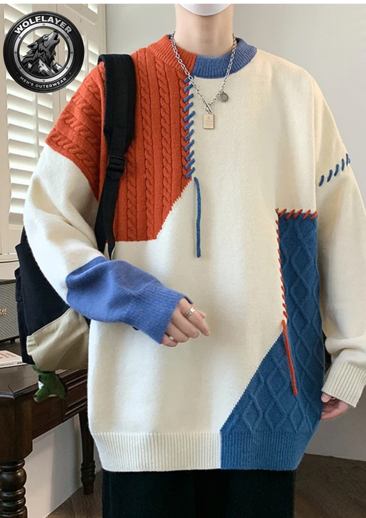 Oversized Men’s Knit Sweater – Color Block Design