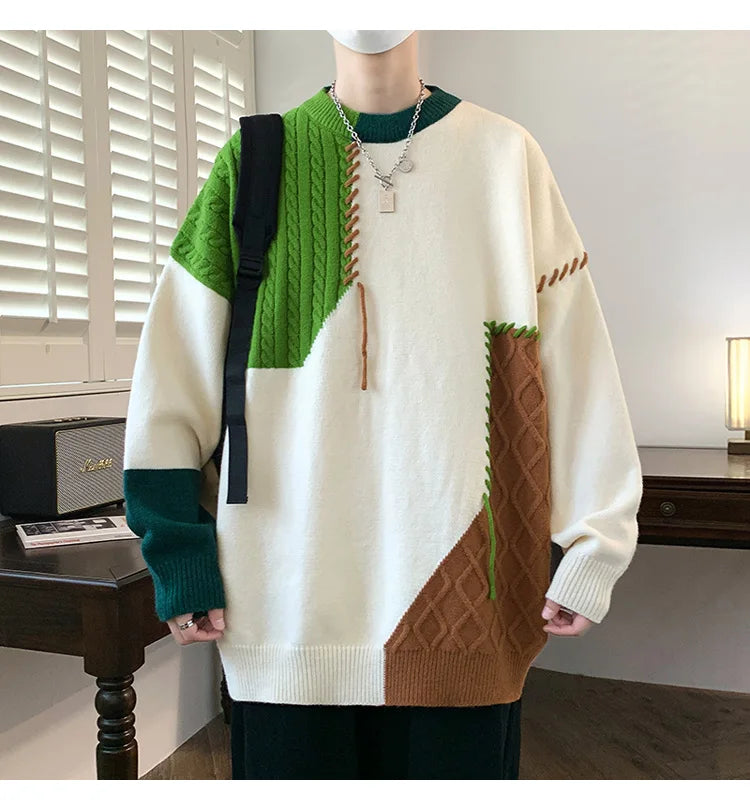 Oversized Men’s Knit Sweater – Color Block Design