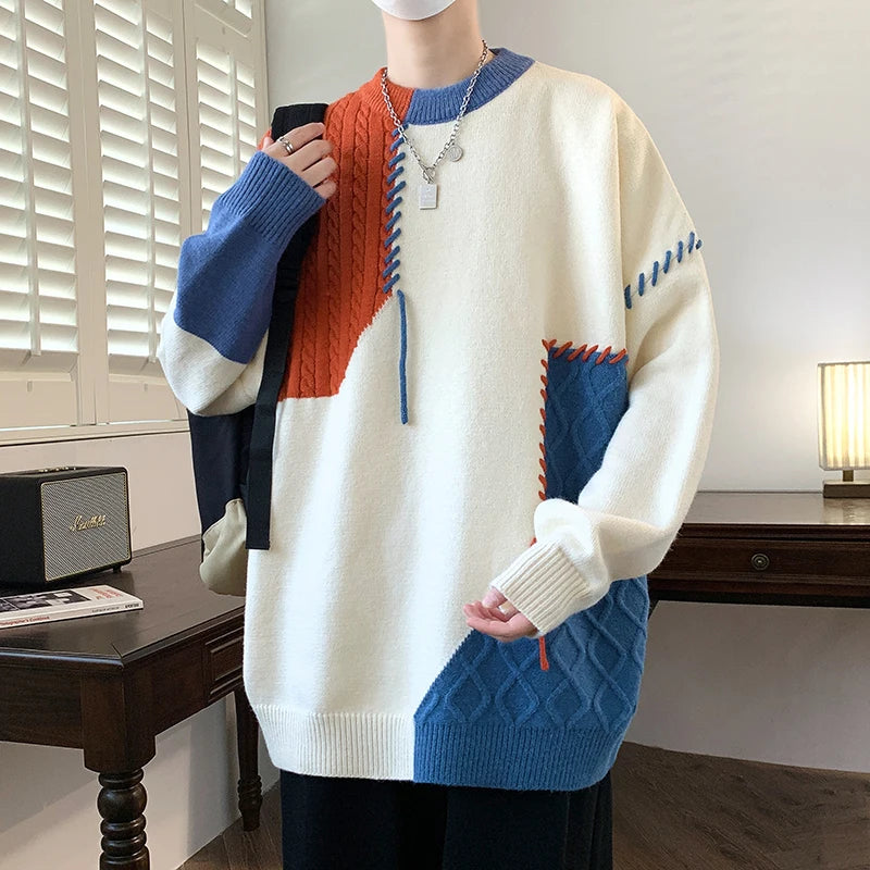 Oversized Men’s Knit Sweater – Color Block Design