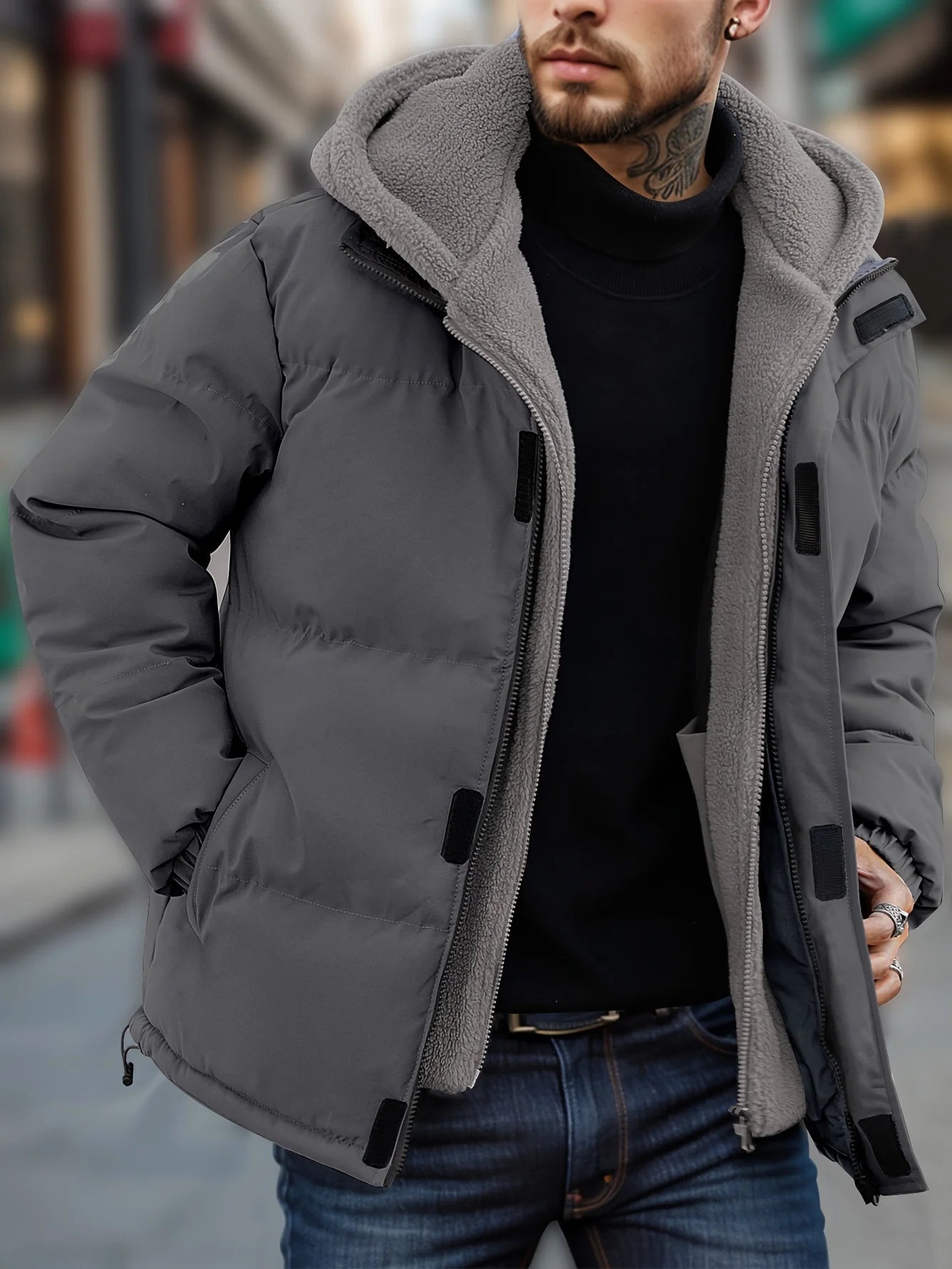 Winter Windproof Men's Faux Jacket Casual Polyester Coat with Detachable Hood Zip-Up Front Long Sleeves & Pockets Winter Clothes