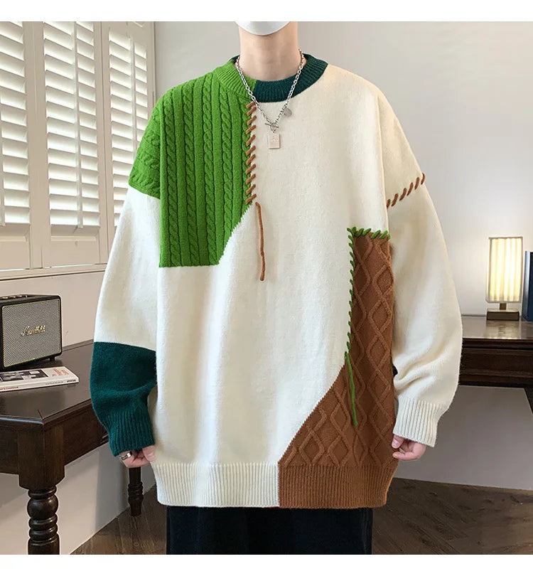 Oversized Men’s Knit Sweater – Color Block Design