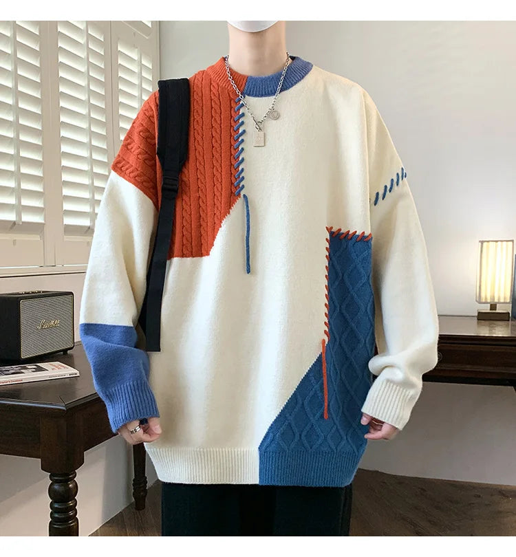 Oversized Men’s Knit Sweater – Color Block Design