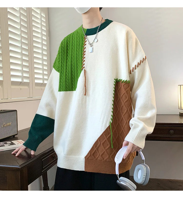 Oversized Men’s Knit Sweater – Color Block Design