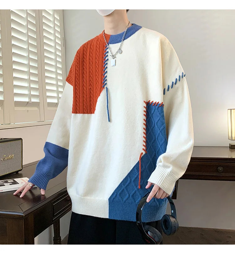 Oversized Men’s Knit Sweater – Color Block Design